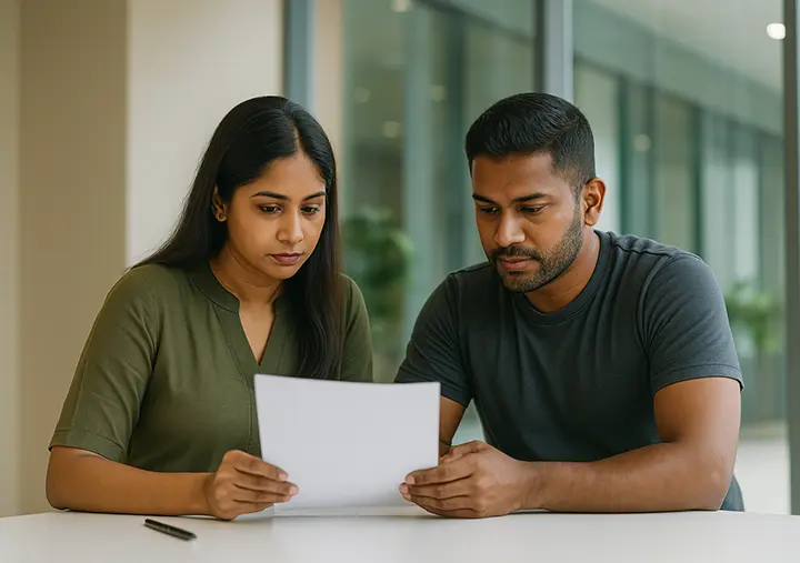 A man and woman sitting at a table and intently reading a document together.