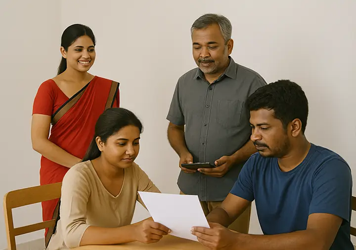 A multi-generational family, including a young woman and an older man, reviewing documents together during a financial discussion.