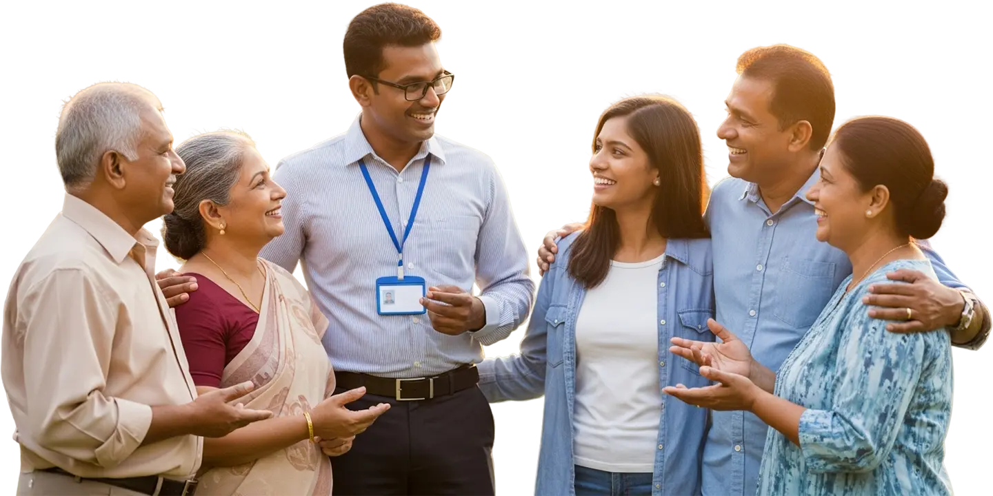 A diverse family group, including parents and grandparents, smiling while talking with a professional financial advisor.