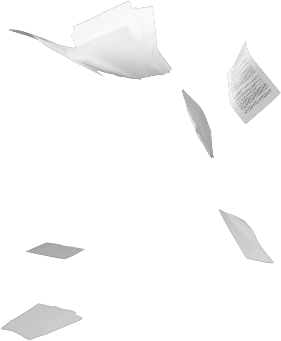 Floating flying papers with text on white background