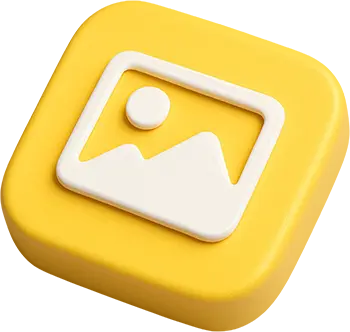 A 3D-rendered white icon of a photo with a sun and mountains, on a rounded yellow background.