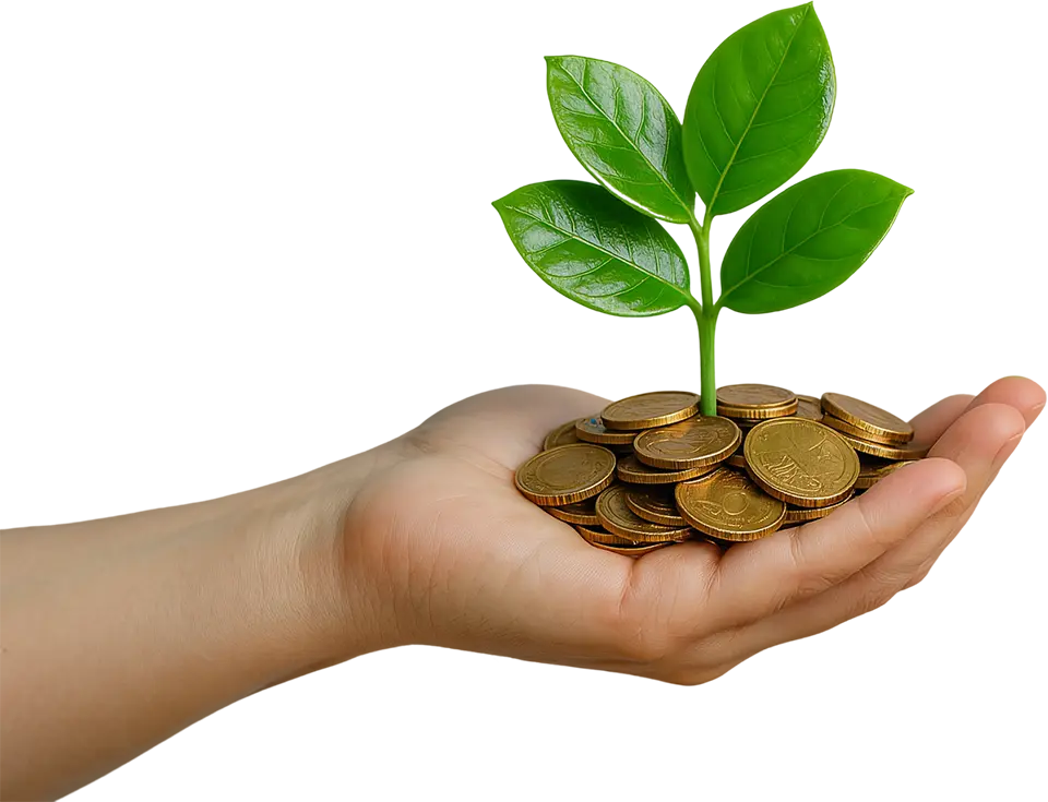 A hand holding a pile of gold coins with a small green plant growing out of them, symbolizing financial growth.
