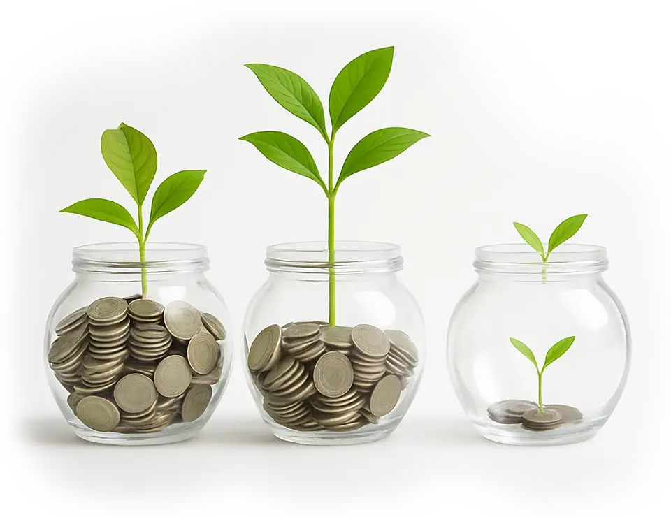 Three glass jars with plants and coins, symbolizing the progression of a financial investment from small to large.