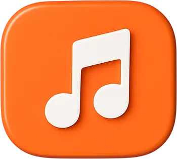 A 3D-rendered white music note icon on a rounded orange background.