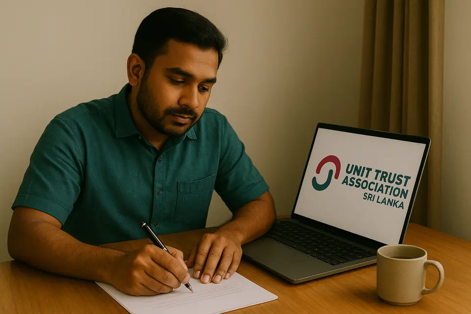 A man sits at a desk, writing on a document with a laptop displaying the Unit Trust Association of Sri Lanka logo beside him.