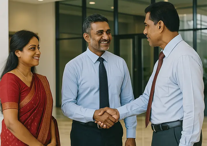 Two male professionals in business shirts shaking hands, with a smiling woman in a red sari standing beside them.