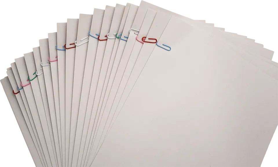 A fan of white papers with different colored paper clips holding them together.