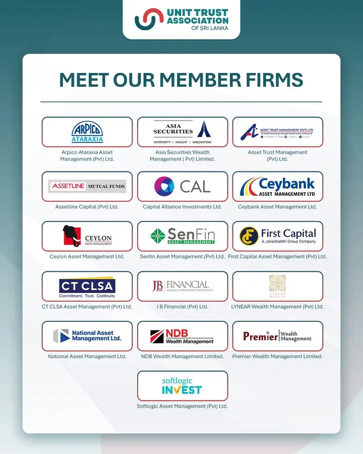 A collage of logos for all the member firms of the Unit Trust Association of Sri Lanka, including Asset Trust Management and NDB Wealth Management.