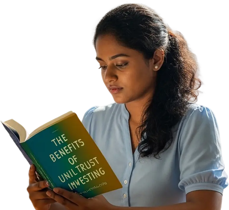 A young woman intently reading a book titled "The Benefits of Unit Trust Investing."