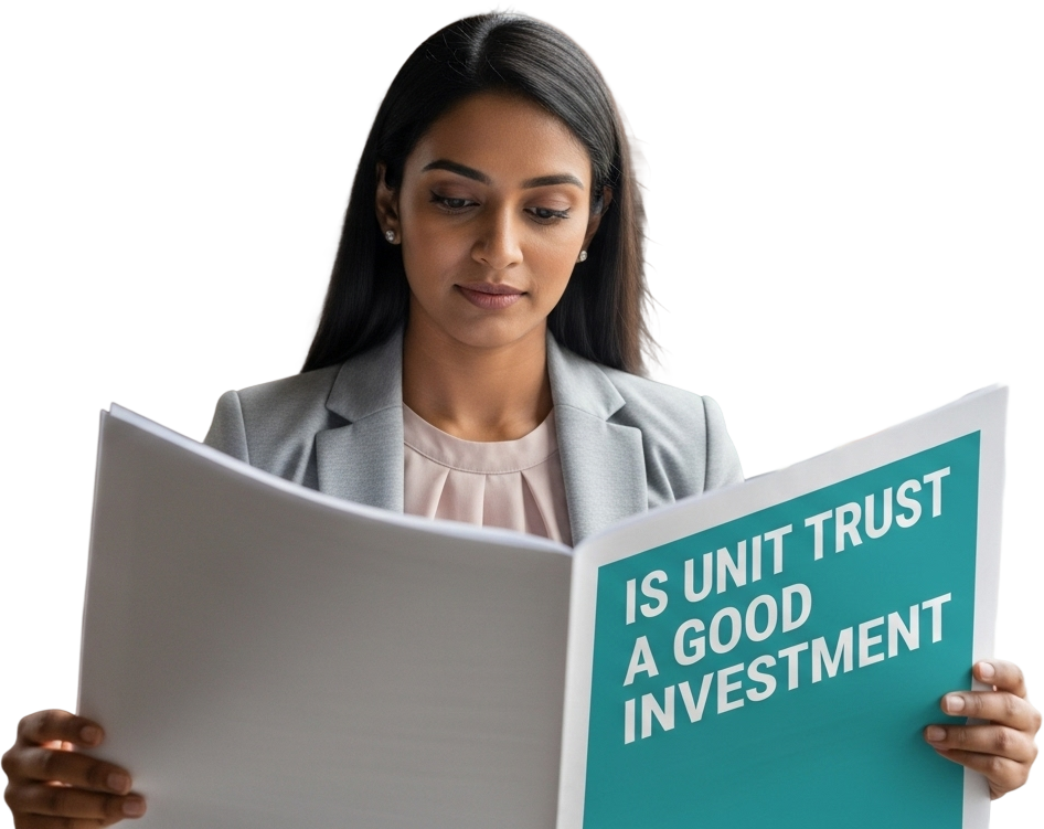 A woman reading an article with the headline "IS UNIT TRUST A GOOD INVESTMENT."